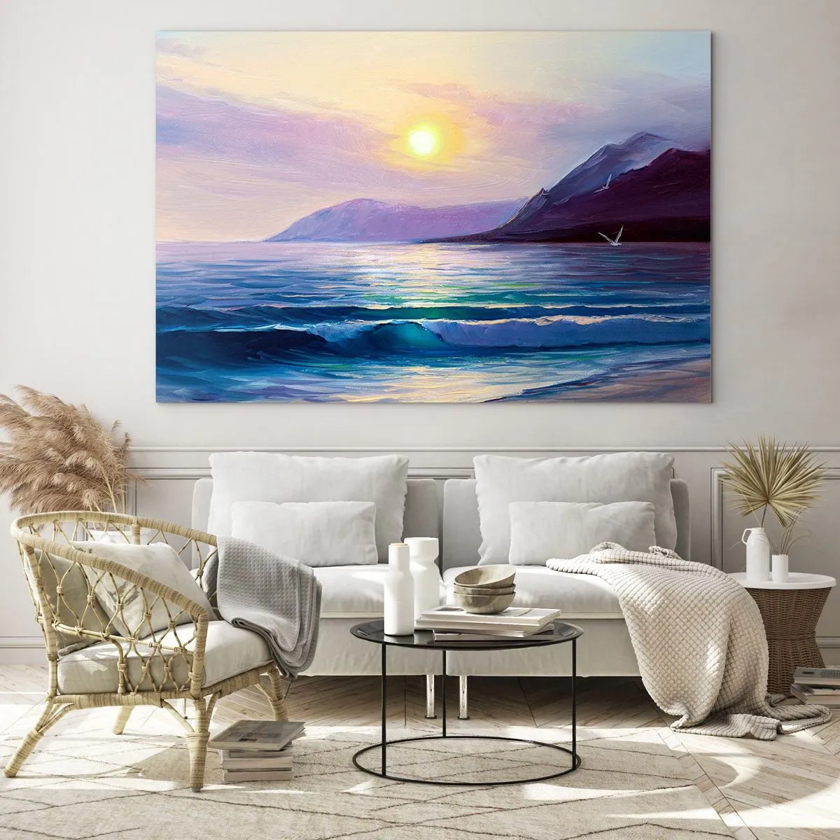 Obraz na skle - Malebný západ slunce nad klidným mořem a horami - 70x50cm - Křišťál vody a vzduchu - Moderní nástěnná dekorace do obývacího pokoje a ložnice ARTTOR