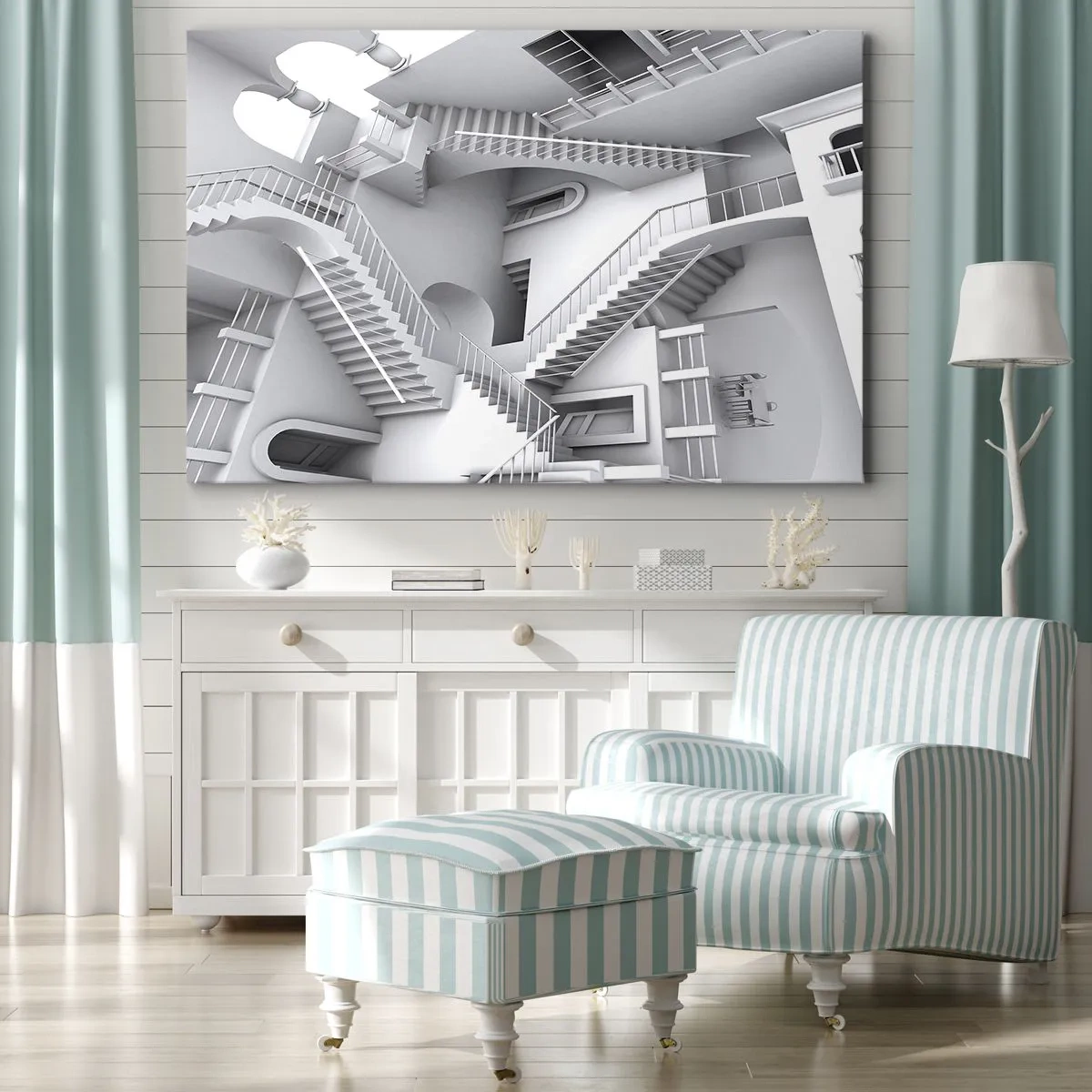Obraz na plátně - Abstraktní kompozice schodů v surrealistickém prostorovém uspořádání - 70x50cm - Paradoxy prostoru - Moderní nástěnná dekorace do obývacího pokoje a ložnice ARTTOR
