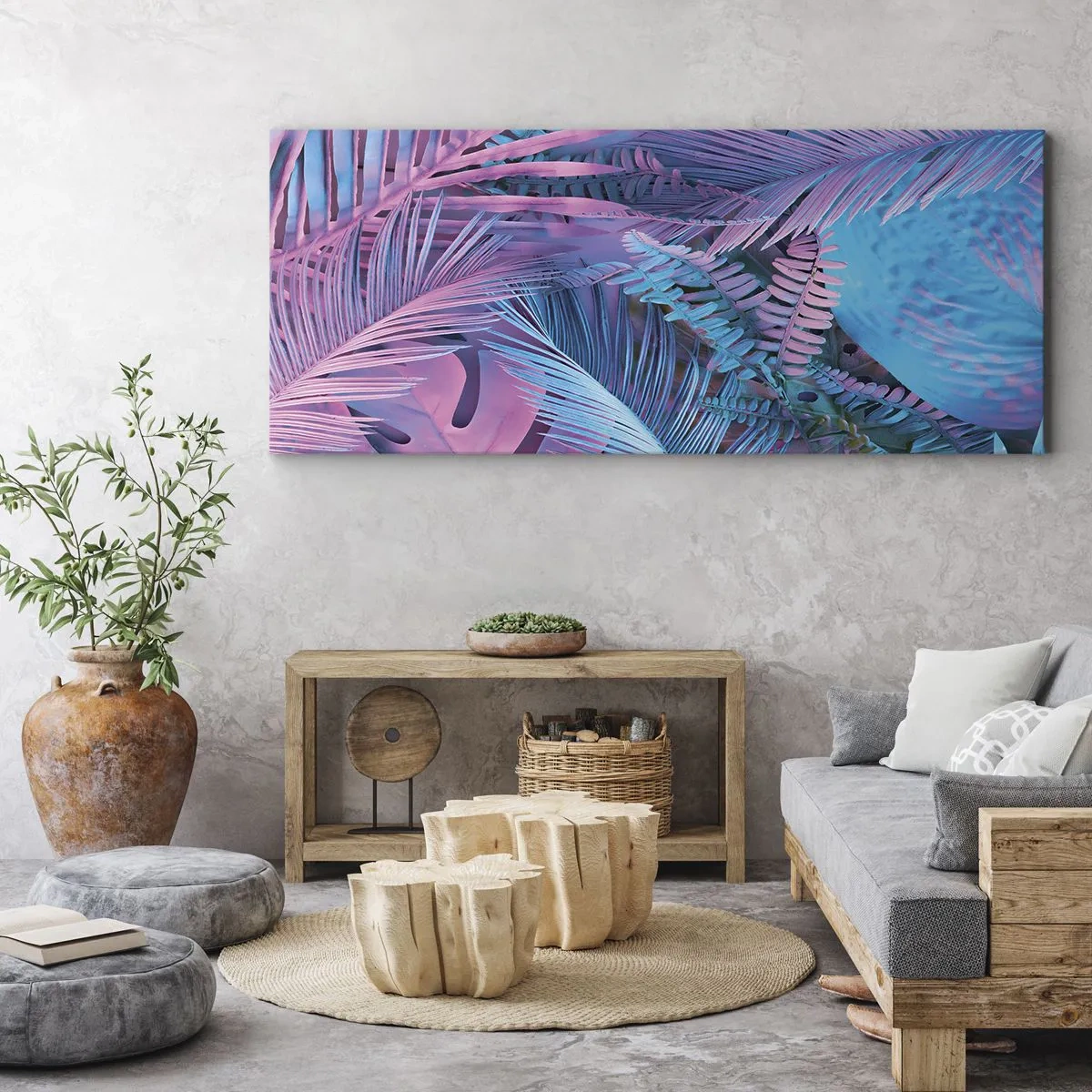 Obraz na plátně - Tropy v růžové a modré - 100x40 cm