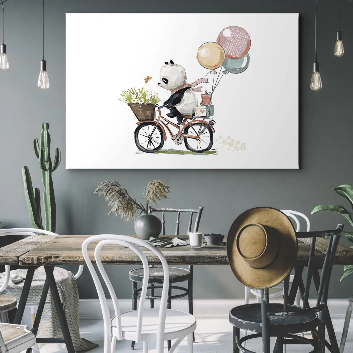 Obraz na plátně - Panda na kole s balónky a květinami - 70x50cm - Šťastný den - Moderní nástěnná dekorace do obývacího pokoje a ložnice ARTTOR