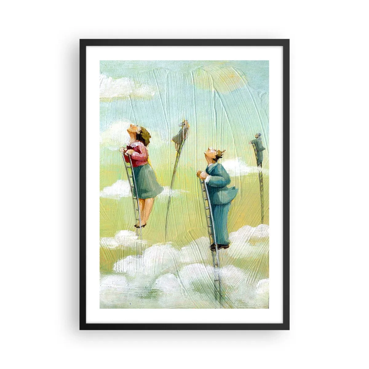 Plakát v černém rámu - Postavy šplhající po žebřících v oblacích - 50x70cm - Za svým snem - Moderní nástěnná dekorace do obývacího pokoje a ložnice ARTTOR