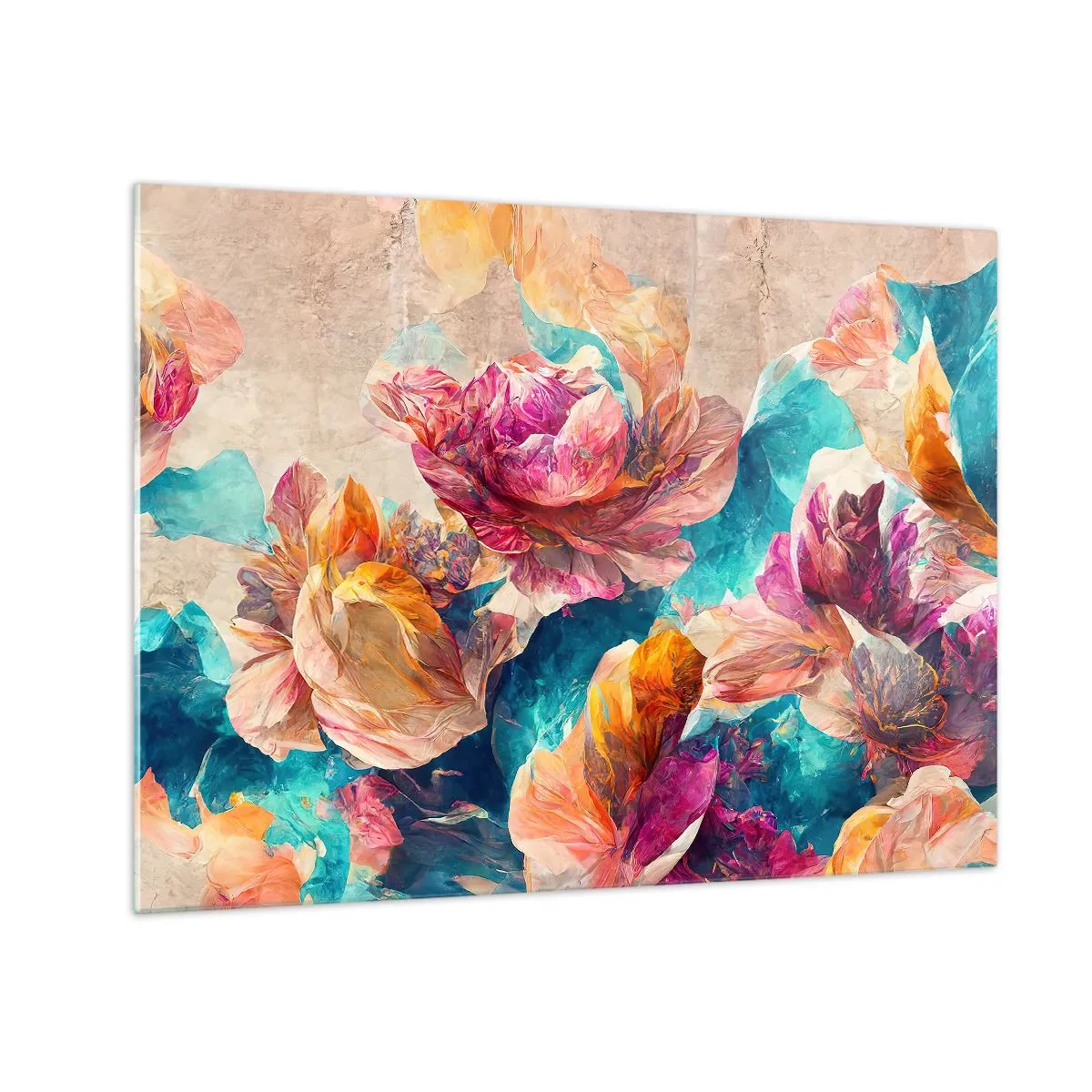 Obraz na skle - Barevné květiny na akvarelovém pozadí - 70x50cm - Barevné bohatství kytice - Moderní nástěnná dekorace do obývacího pokoje a ložnice ARTTOR
