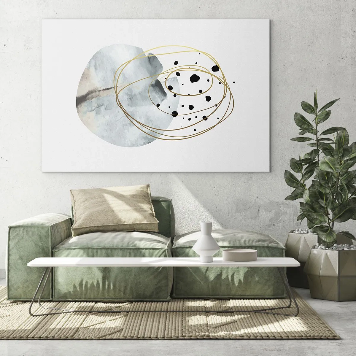 Obraz na skle - Abstraktní kompozice s modrou skvrnou a zlatými čarami - 70x50cm - V objetí prostoru - Moderní nástěnná dekorace do obývacího pokoje a ložnice ARTTOR