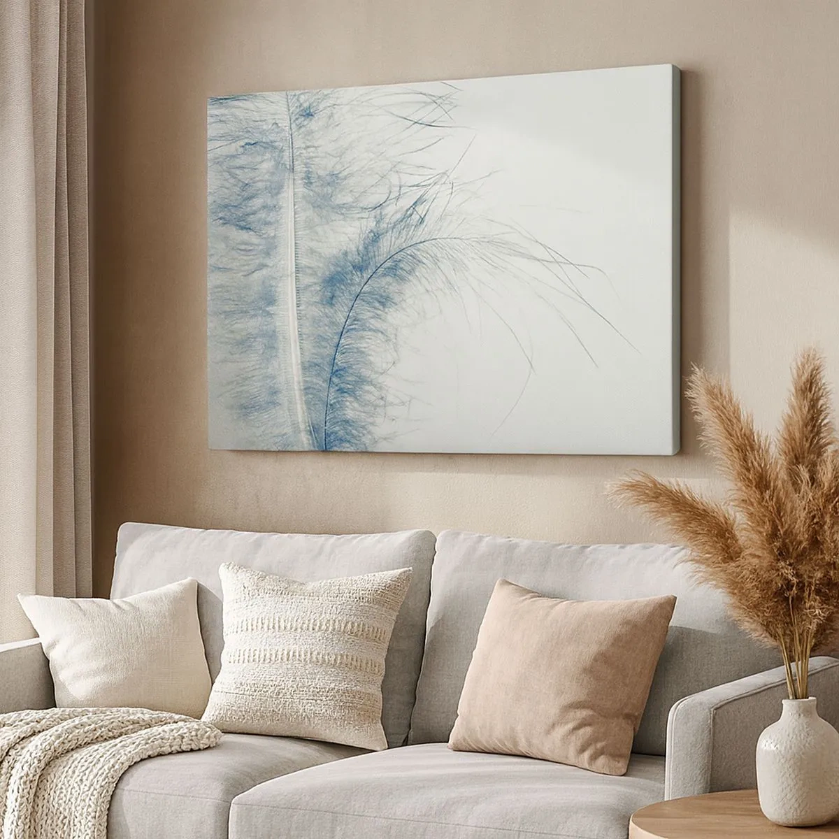 Obraz na plátně - Jemné pírko v pastelových odstínech na světlém pozadí - 70x50cm - Šepot přírody - Moderní nástěnná dekorace do obývacího pokoje a ložnice ARTTOR