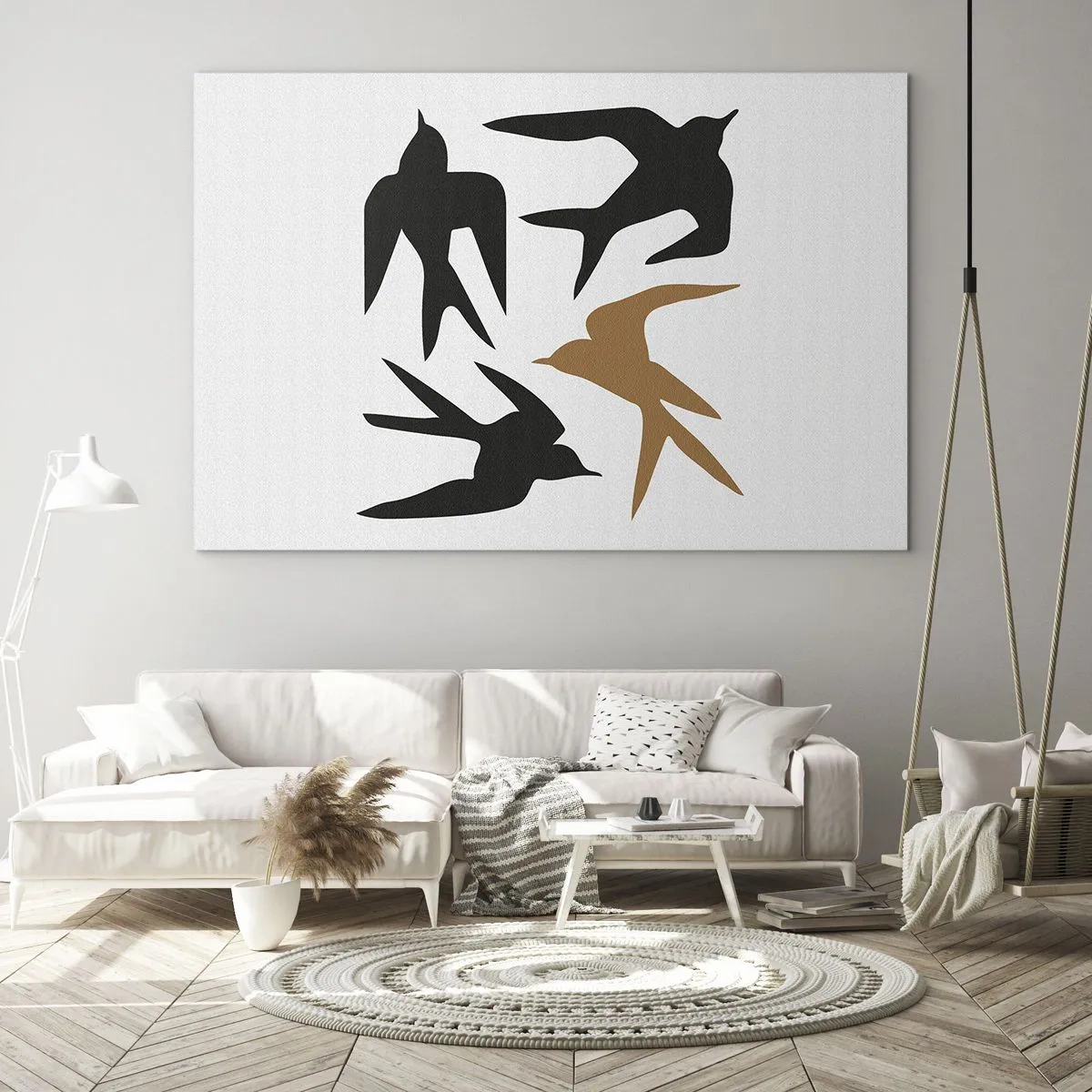 Obraz na skle - Čtyři létající vlaštovky v minimalistickém stylu - 70x50cm - Vlaštovky - Moderní nástěnná dekorace do obývacího pokoje a ložnice ARTTOR