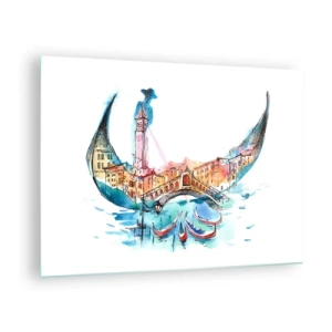 Obraz na skle - Akvarelové panorama Benátek v podobě masky - 70x50cm - Plujeme městem - Moderní nástěnná dekorace do obývacího pokoje a ložnice ARTTOR