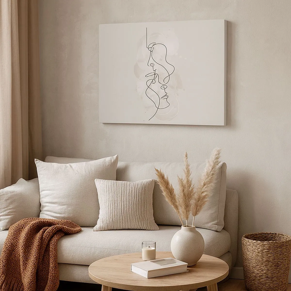 Obraz na plátně - Abstraktní obrys dvou tváří na světlém pozadí - 70x50cm - Zamotaní v objetí - Moderní nástěnná dekorace do obývacího pokoje a ložnice ARTTOR