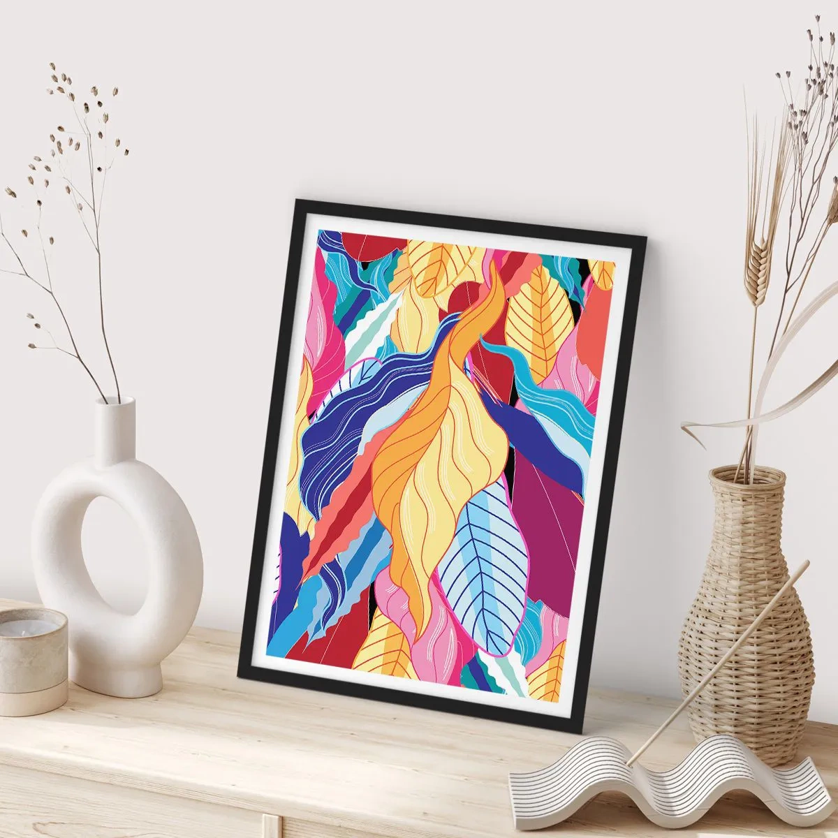 Plakát v černém rámu - Barevné listí v abstraktním stylu - 50x70cm - Barevný nepořádek - Moderní nástěnná dekorace do obývacího pokoje a ložnice ARTTOR
