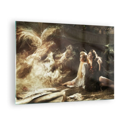Obraz na skle - Dvě ženy s ohnivým fénixem v magickém prostředí - 70x50cm - A byla poezie - Moderní nástěnná dekorace do obývacího pokoje a ložnice ARTTOR