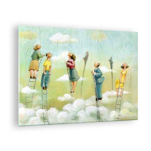 Obraz na skle - Postavy šplhající po žebřících mezi mraky - 70x50cm - Za svým snem - Moderní nástěnná dekorace do obývacího pokoje a ložnice ARTTOR