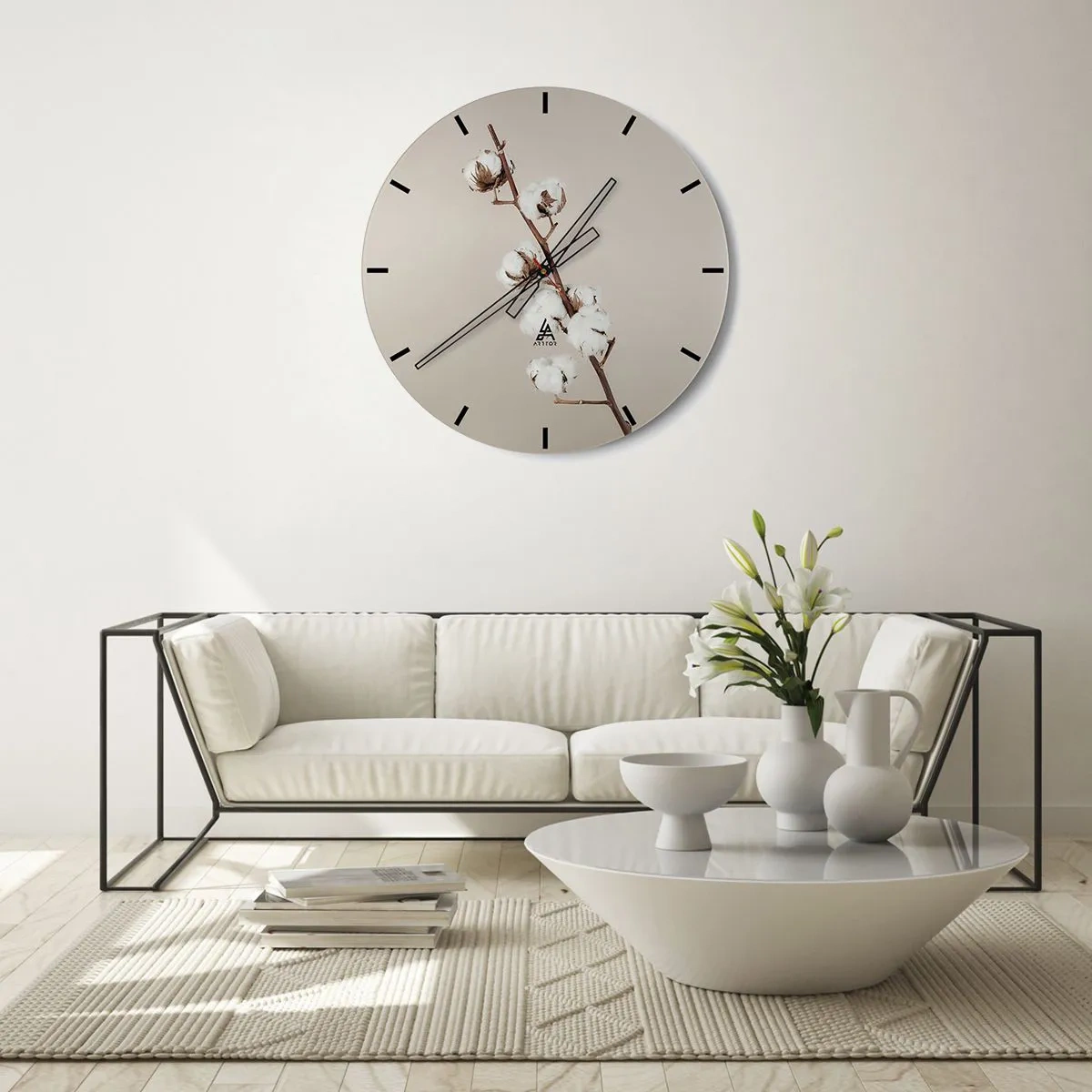 Nástěnné hodiny - Větvička bavlny na béžovém pozadí v minimalistickém stylu - 30x30cm - U zdroje měkkosti - Moderní nástěnná dekorace do obývacího pokoje, kuchyně a ložnice ARTTOR