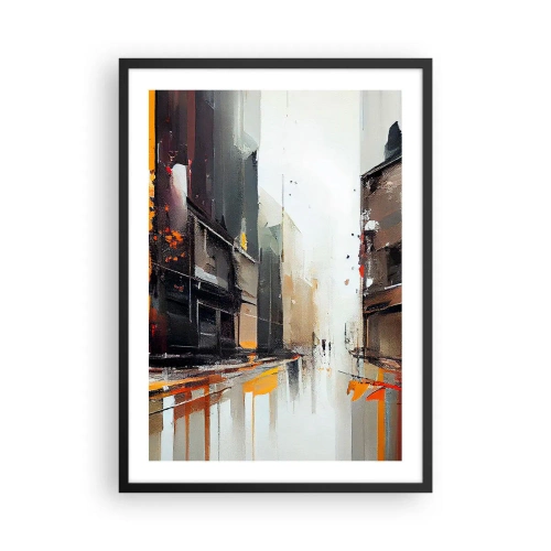 Plakát v černém rámu - Abstraktní panorama města v odstínech šedé a oranžové - 50x70cm - Deštivý den - Moderní nástěnná dekorace do obývacího pokoje a ložnice ARTTOR