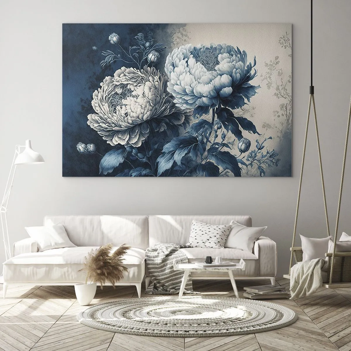 Obraz na skle - Dvoubarevné pivoňky v odstínech modré a béžové na vintage pozadí - 70x50cm - Shodný pár - Moderní nástěnná dekorace do obývacího pokoje a ložnice ARTTOR