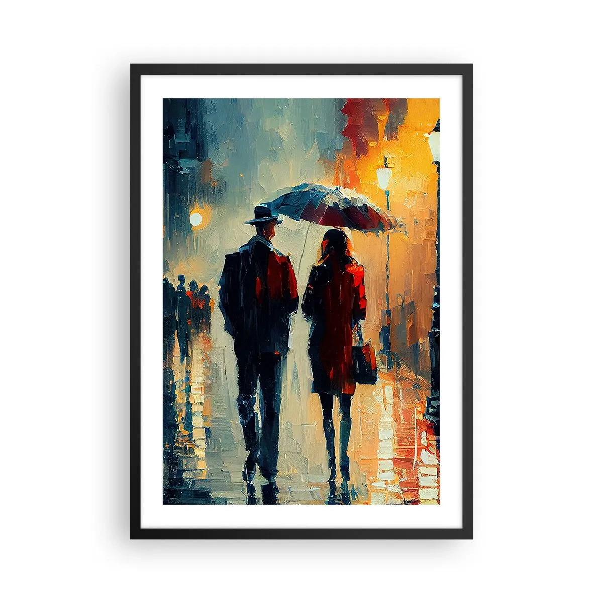 Plakát v černém rámu - Romantický pár pod deštníkem v dešti - 50x70cm - Městská love story - Moderní nástěnná dekorace do obývacího pokoje a ložnice ARTTOR