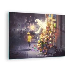 Obraz na skle - Dítě v lehkém tričku u zářivého stánku plného barevných sladkostí - 70x50cm - Kouzla existují - Moderní nástěnná dekorace do obývacího pokoje a ložnice ARTTOR