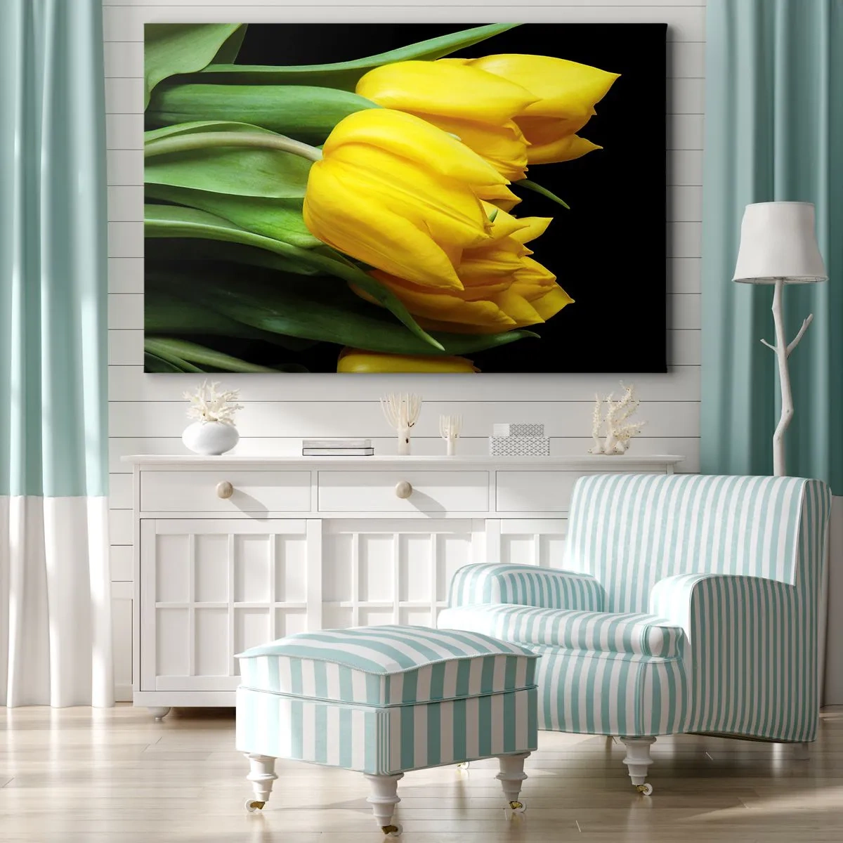 Obraz na plátně - Kytice žlutých tulipánů na černém pozadí - 70x50cm - Vznikly z čistého slunce - Moderní nástěnná dekorace do obývacího pokoje a ložnice ARTTOR
