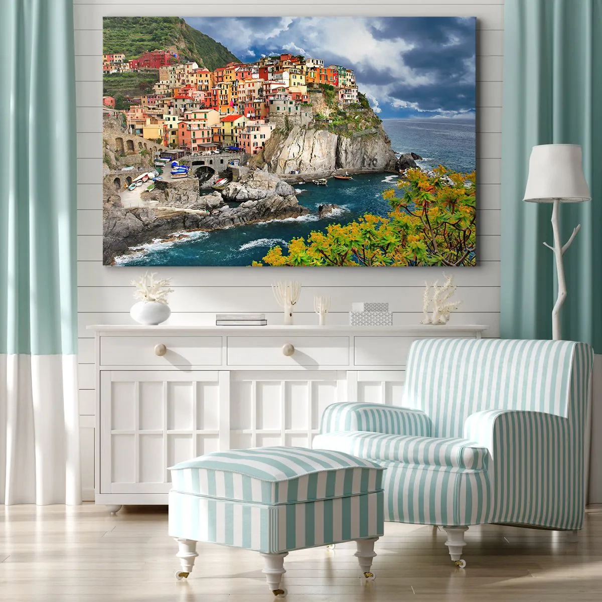 Obraz na plátně - Barevné domy na útesu s výhledem na moře v Cinque Terre - 70x50cm - Hromádka přitulená ke skalám - Moderní nástěnná dekorace do obývacího pokoje a ložnice ARTTOR