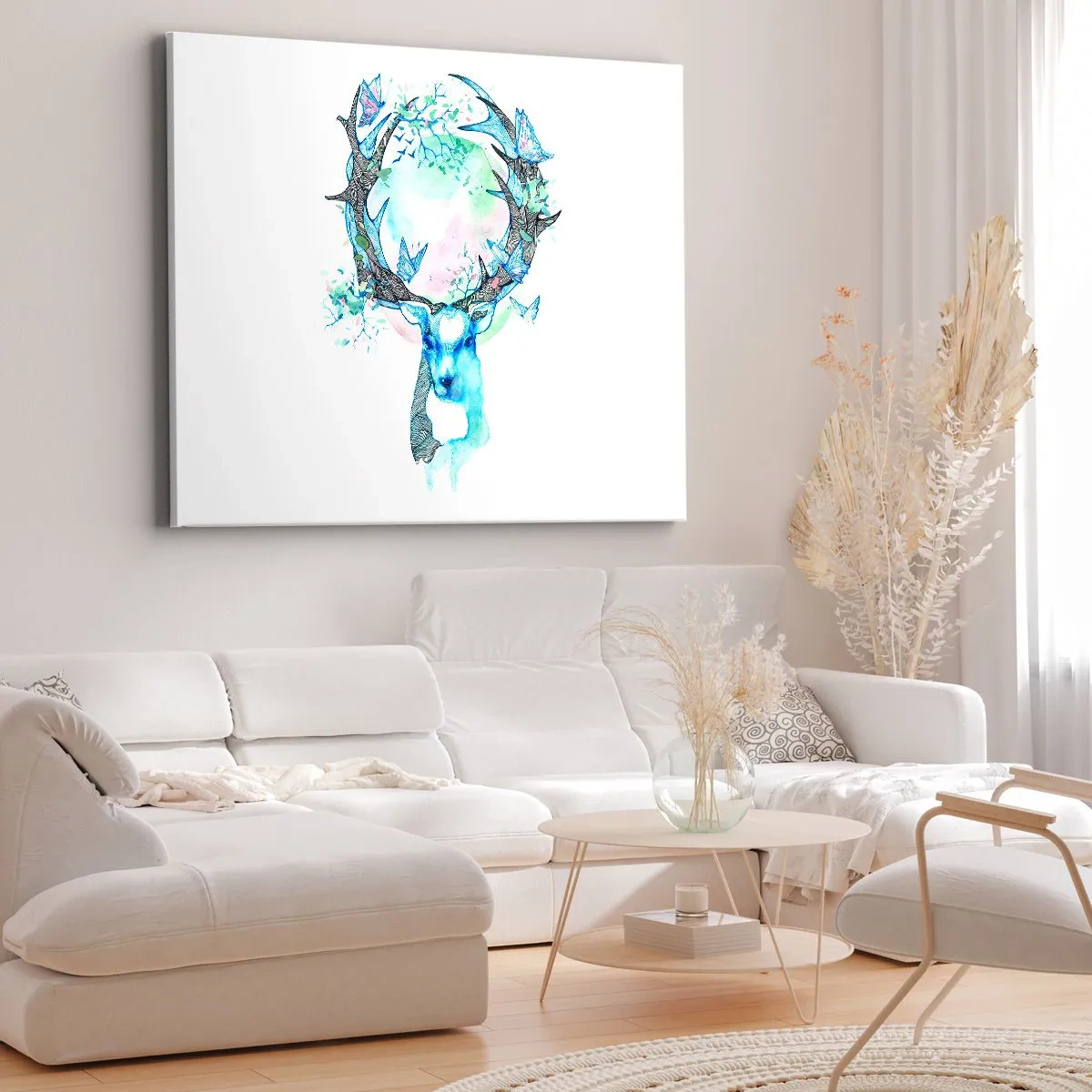 Obraz na plátně - Rozmarná grafika jelena s motivem přírody a motýla - 70x50cm - Síla a jemnost přírody - Moderní nástěnná dekorace do obývacího pokoje a ložnice ARTTOR