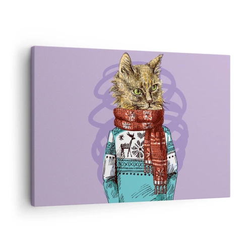 Obraz na plátně - Kočka ve svetru a šálu na fialovém pozadí - 70x50cm - Kočka nejenom v botách - Moderní nástěnná dekorace do obývacího pokoje a ložnice ARTTOR