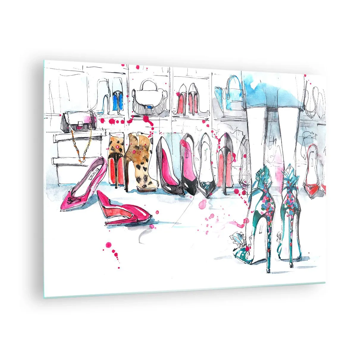 Obraz na skle - Ilustrace elegantních vysokých podpatků v obchodě - 70x50cm - Sezame, otevři se - Moderní nástěnná dekorace do obývacího pokoje a ložnice ARTTOR