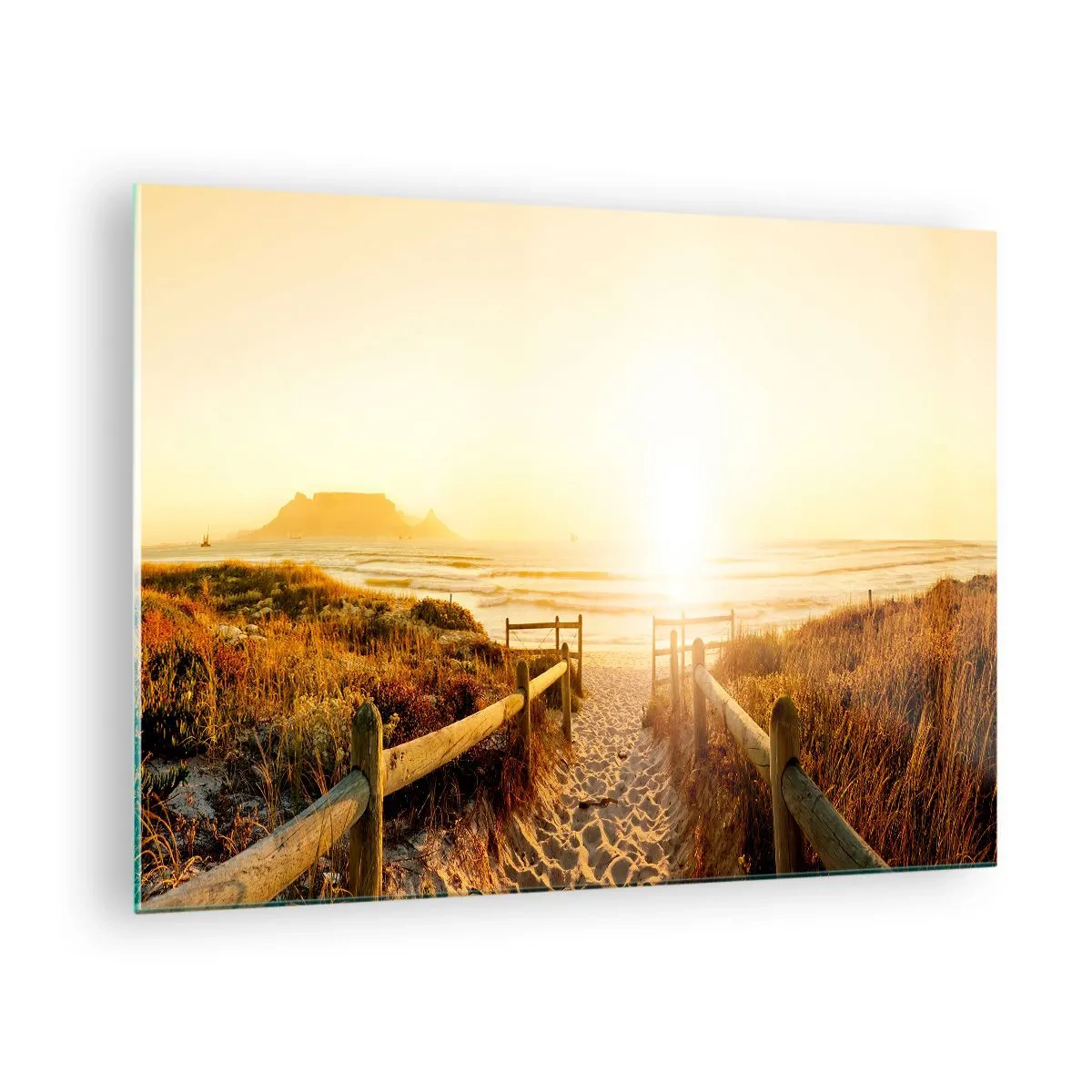 Obraz na skle - Cesta přes dunu vedoucí k pláži při západu slunce - 70x50cm - Dunami směrem ke slunci - Moderní nástěnná dekorace do obývacího pokoje a ložnice ARTTOR
