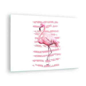 Obraz na skle - Růžový plameňák na pozadí uměleckých růžových pruhů. - 70x50cm - Důstojně, i když v růžové - Moderní nástěnná dekorace do obývacího pokoje a ložnice ARTTOR