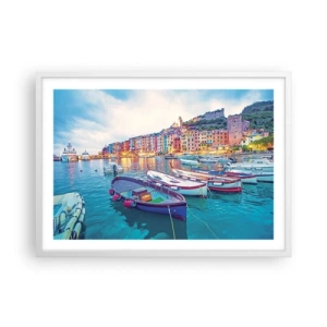 Plakát v bílém rámu - Barevný večer v přístavu - 70x50 cm