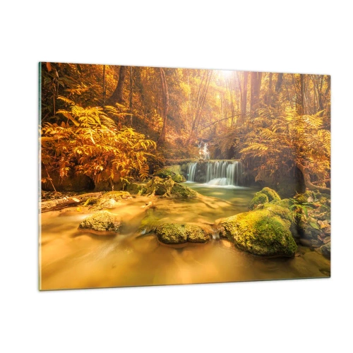 Obraz na skle - Lesní vodopád ve zlaté - 120x80 cm