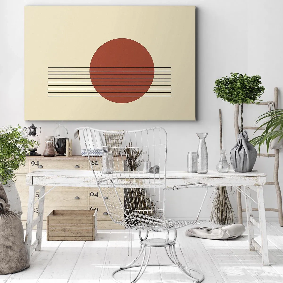Obraz na plátně - Abstraktní červený kruh s čarami na béžovém pozadí. - 70x50cm - Pořád dokola - Moderní nástěnná dekorace do obývacího pokoje a ložnice ARTTOR