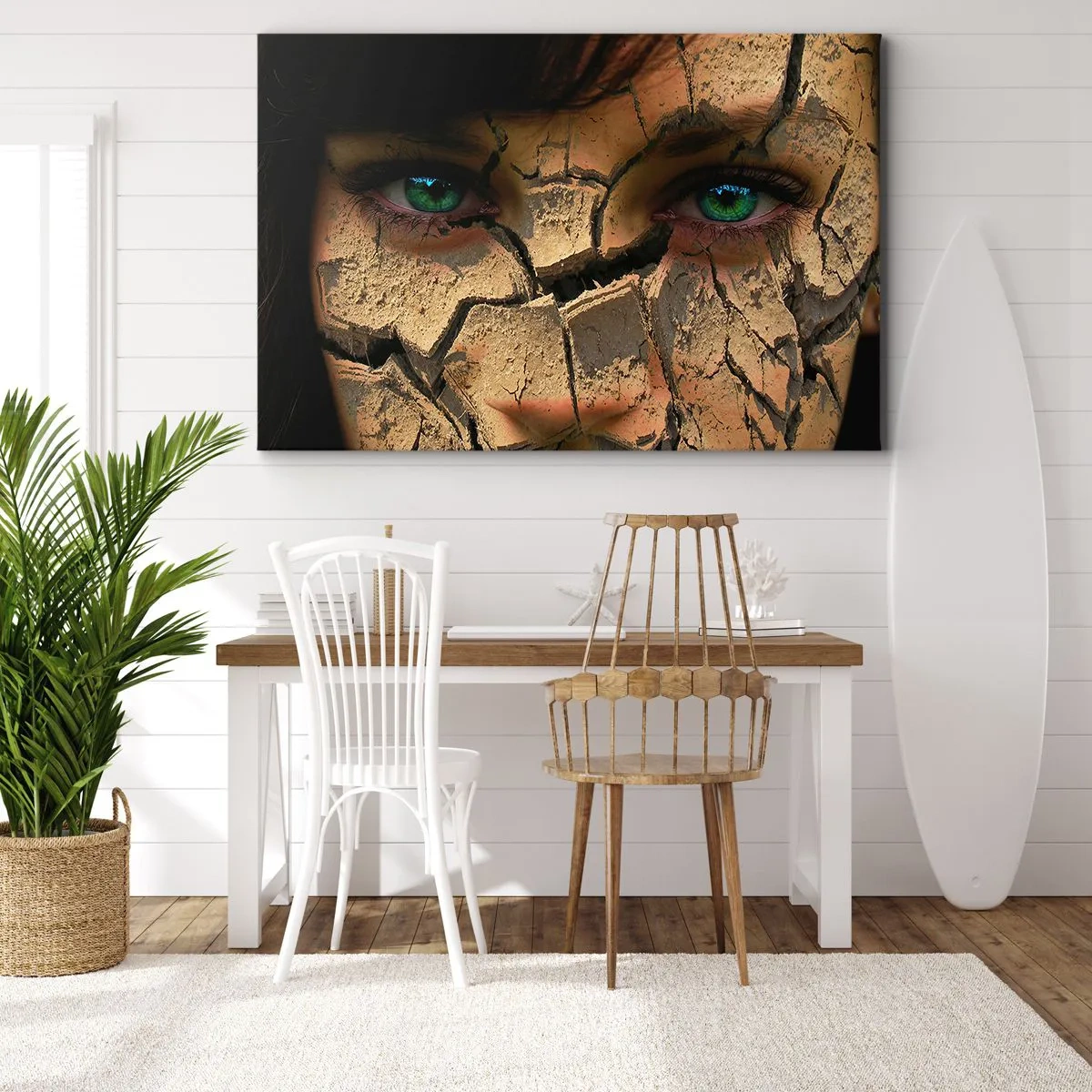 Obraz na plátně - Tvář ženy se zelenýma očima pokrytá popraskanou zemní strukturou - 70x50cm - Obdiv a hrůza zároveň - Moderní nástěnná dekorace do obývacího pokoje a ložnice ARTTOR