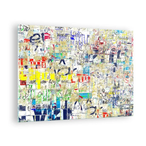 Obraz na skle - Abstraktní kompozice se směsicí barev a nápisů. - 70x50cm - Prostě potěší oči - Moderní nástěnná dekorace do obývacího pokoje a ložnice ARTTOR
