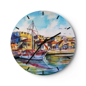 Nástěnné hodiny - Barevný přístav s plachetnicemi a budovami ve středomořském stylu - 30x30cm - Duhové odpoledne - Moderní nástěnná dekorace do obývacího pokoje, kuchyně a ložnice ARTTOR