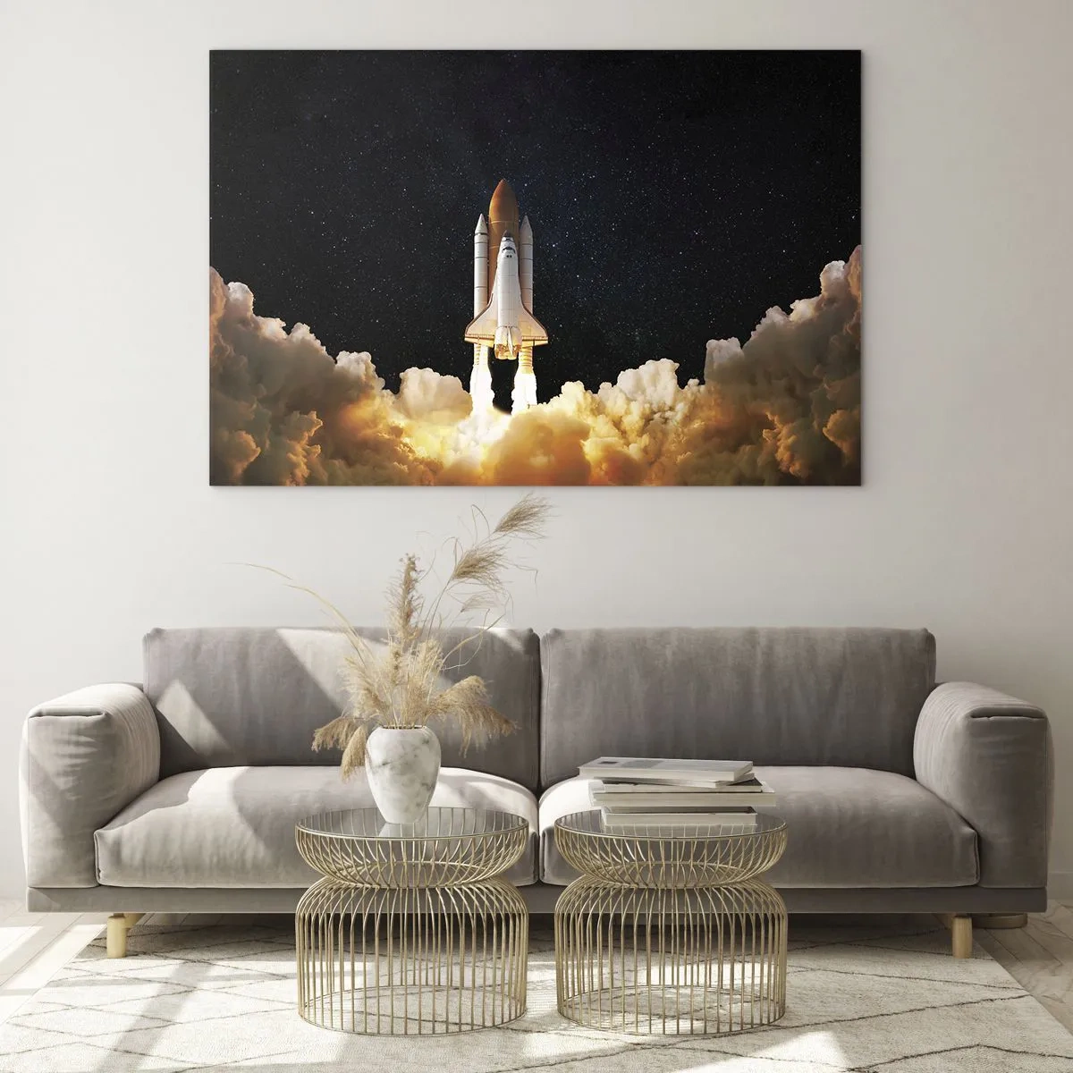 Obraz na skle - Raketoplán vzlétá proti hvězdné obloze - 70x50cm - Ad astra! - Moderní nástěnná dekorace do obývacího pokoje a ložnice ARTTOR