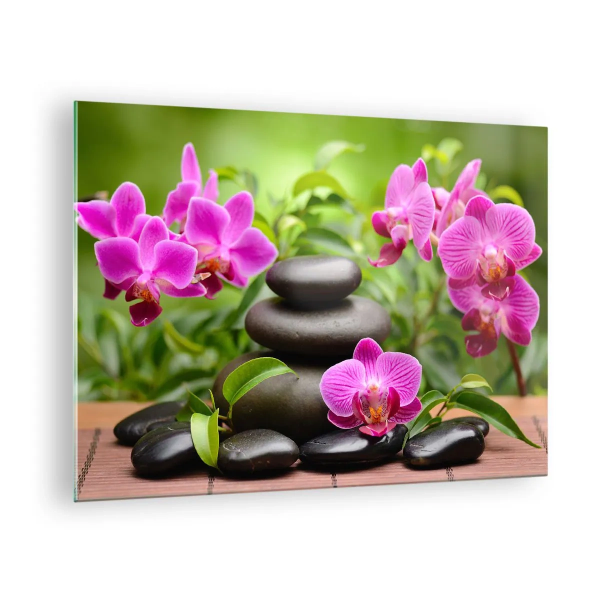 Obraz na skle - Růžové orchideje a černé kameny v klidném prostředí - 70x50cm - Pyramida klidu - Moderní nástěnná dekorace do obývacího pokoje a ložnice ARTTOR