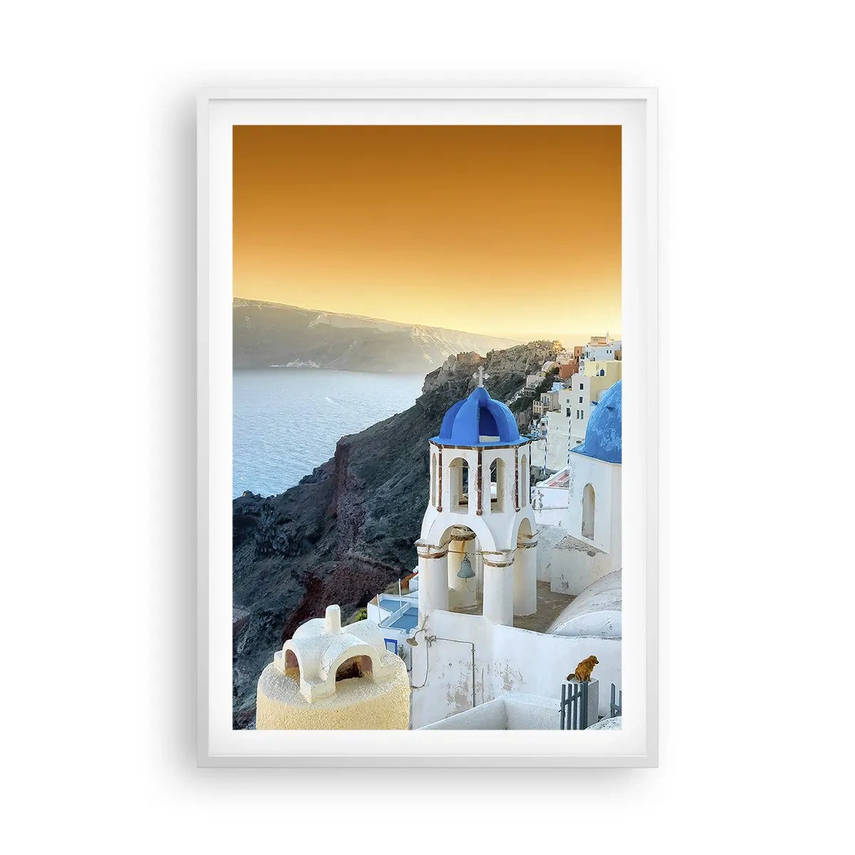 Plakát v bílém rámu - Santorini - přitulené ke skalám - 61x91 cm