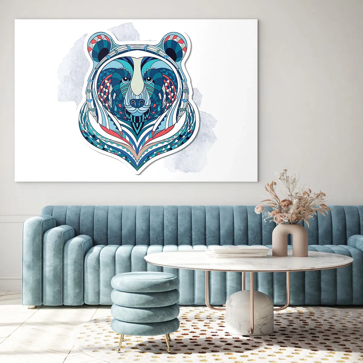 Obraz na skle - Barevný, geometrický portrét plyšového medvídka - 70x50cm - Eviva Grenlandia! - Moderní nástěnná dekorace do obývacího pokoje a ložnice ARTTOR