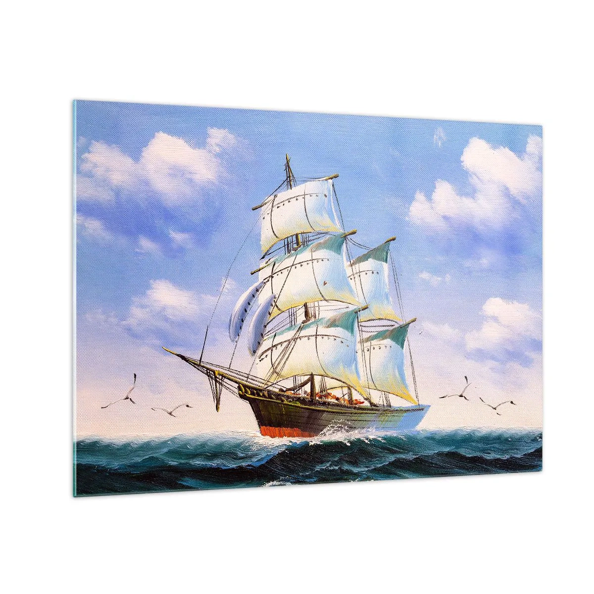 Obraz na skle - Plachetnice na volném moři pod modrou oblohou - 70x50cm - Hrdě s větrem - Moderní nástěnná dekorace do obývacího pokoje a ložnice ARTTOR