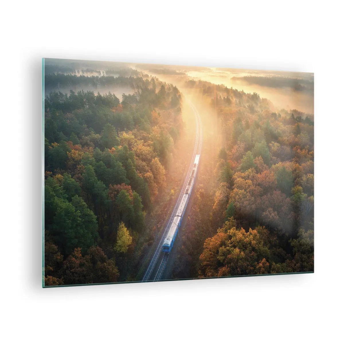 Obraz na skle - Vlak v malebné podzimní krajině, plný tepla a nostalgie - 70x50cm - Podzimní cesta - Moderní nástěnná dekorace do obývacího pokoje a ložnice ARTTOR