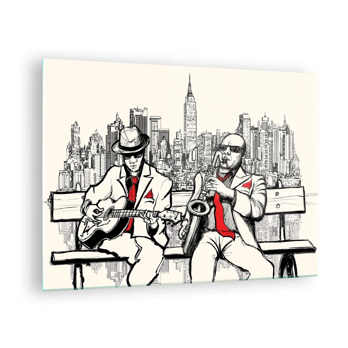Obraz na skle - Dva jazzoví hudebníci hrající na pozadí panoramatu města - 70x50cm - Newyorská improvizace - Moderní nástěnná dekorace do obývacího pokoje a ložnice ARTTOR
