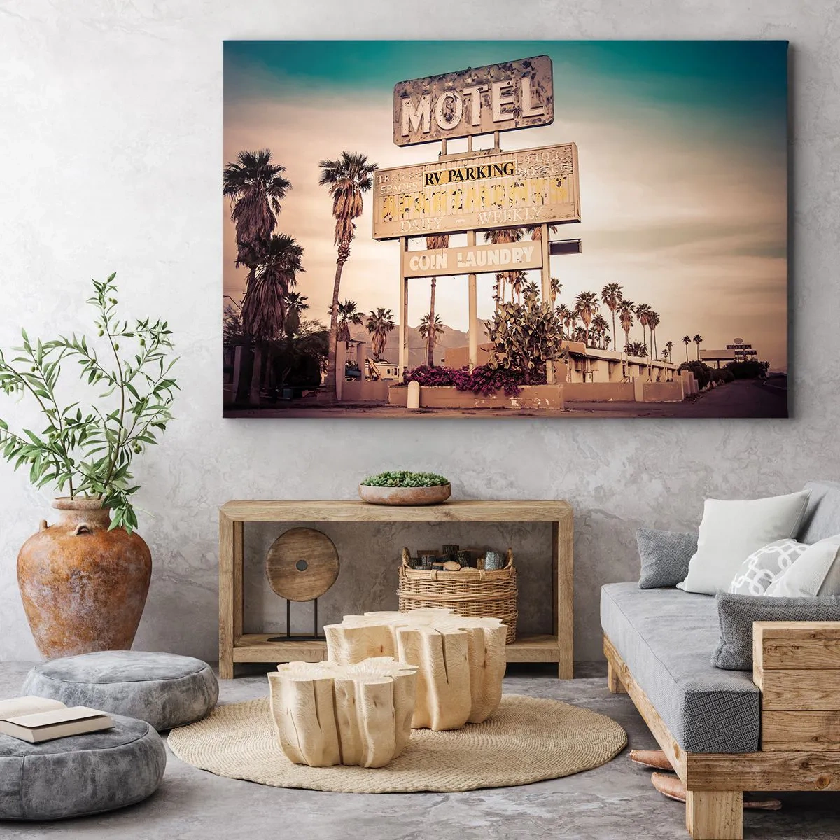 Obraz na plátně - Retro motel cedule obklopená palmami - 70x50cm - Zde se zastavil čas - Moderní nástěnná dekorace do obývacího pokoje a ložnice ARTTOR