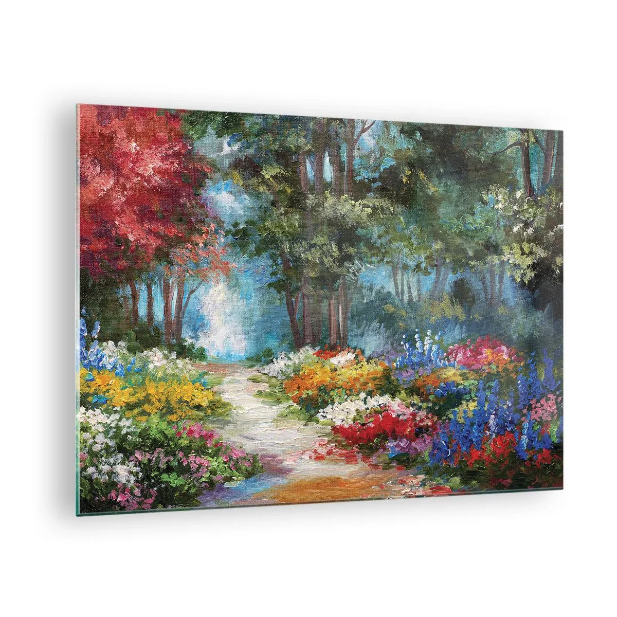 Obraz na skle - Barevná lesní zahrada s rozkvetlými květinami - 70x50cm - Lesní zahrada, květinový les - Moderní nástěnná dekorace do obývacího pokoje a ložnice ARTTOR