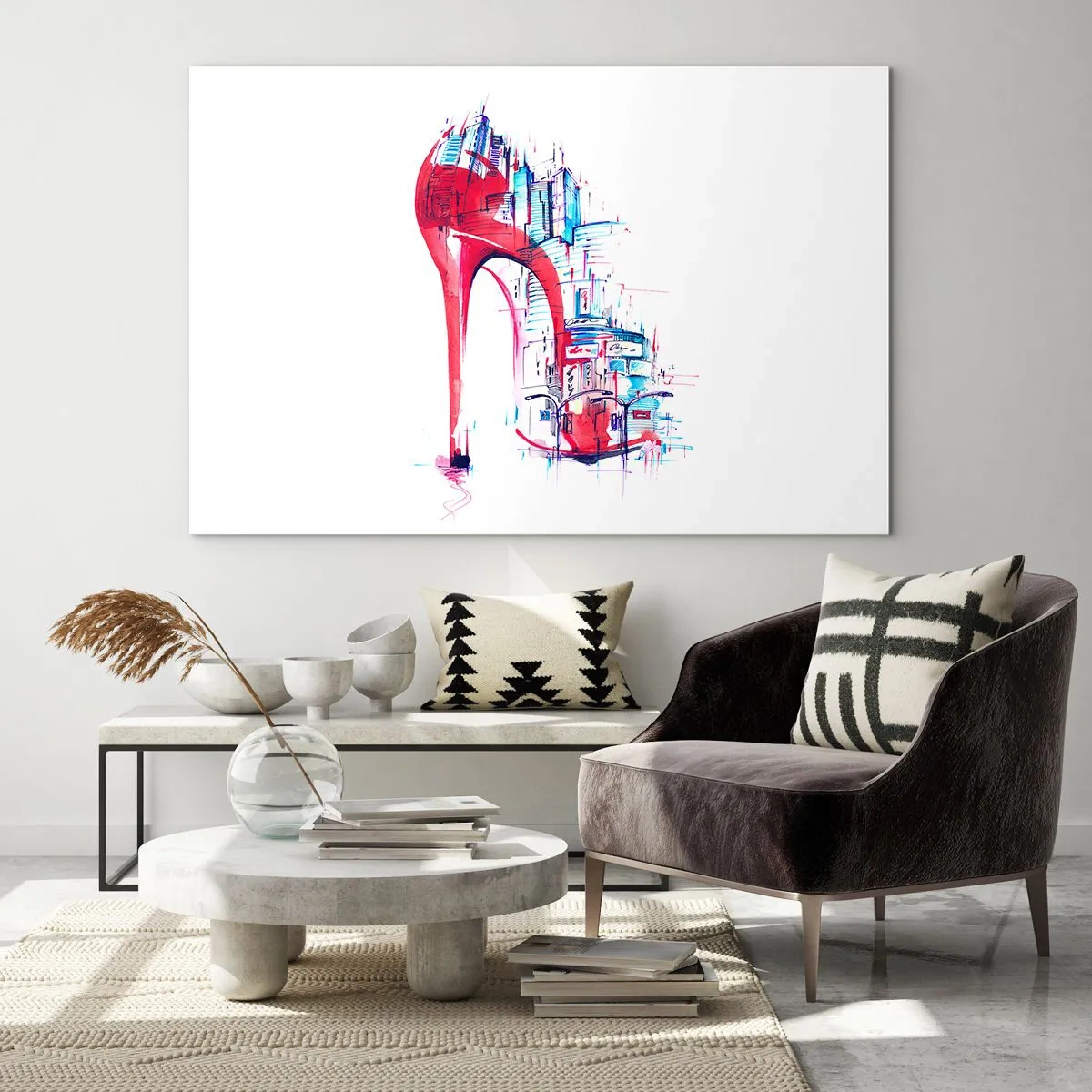 Obraz na skle - Červené jehlové podpatky s motivem městské architektury - 70x50cm - Velkoměstská elegánka - Moderní nástěnná dekorace do obývacího pokoje a ložnice ARTTOR
