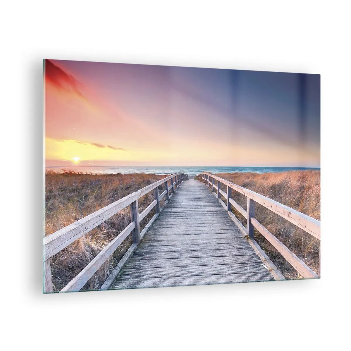 Obraz na skle - Dřevěné molo vedoucí na pláž při západu slunce - 70x50cm - Baltská večerní polární záře - Moderní nástěnná dekorace do obývacího pokoje a ložnice ARTTOR