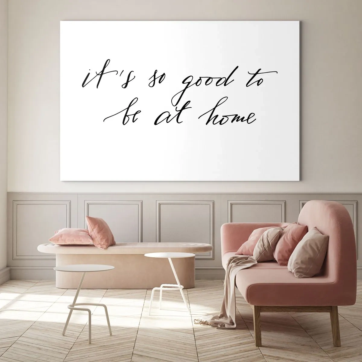 Obraz na skle - Citát „Je tak dobré být doma“ na bílém pozadí - 70x50cm - Celá pravda - Moderní nástěnná dekorace do obývacího pokoje a ložnice ARTTOR