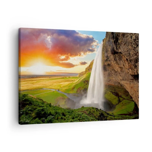 Obraz na plátně - Vodopád v malebné krajině při západu slunce - 70x50cm - Vrchol islandského léta - Moderní nástěnná dekorace do obývacího pokoje a ložnice ARTTOR