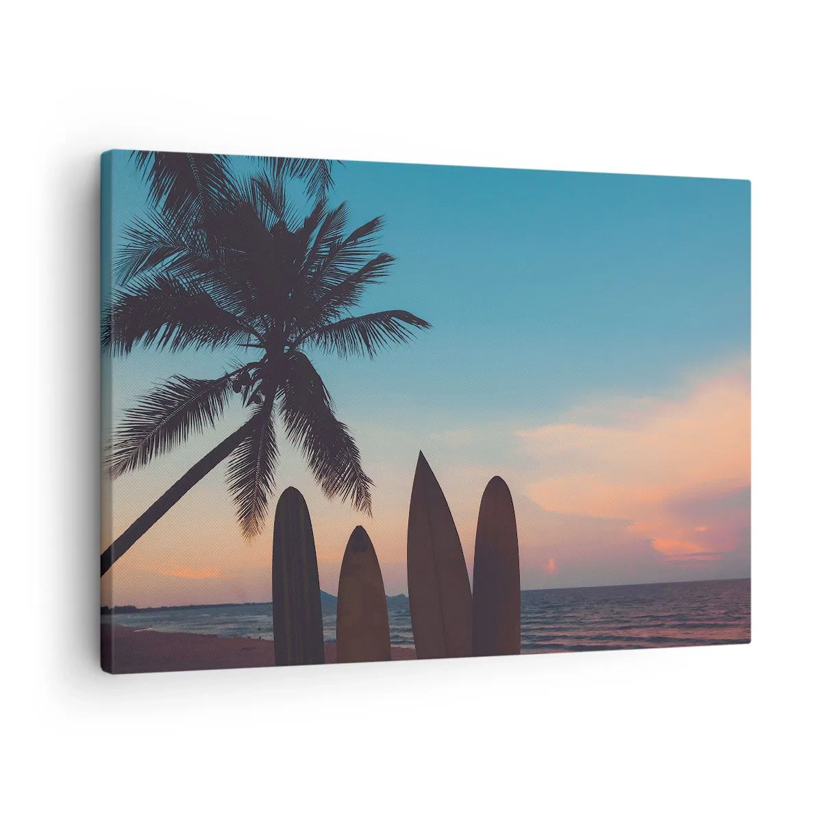 Obraz na plátně - Surfovací prkna na pozadí palmy a západu slunce - 70x50cm - Zítra bude také zábava - Moderní nástěnná dekorace do obývacího pokoje a ložnice ARTTOR