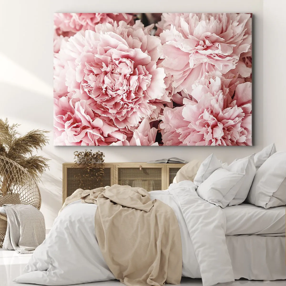 Obraz na plátně - Jemné růžové pivoňky v delikátním prostředí - 70x50cm - Růžový sen - Moderní nástěnná dekorace do obývacího pokoje a ložnice ARTTOR