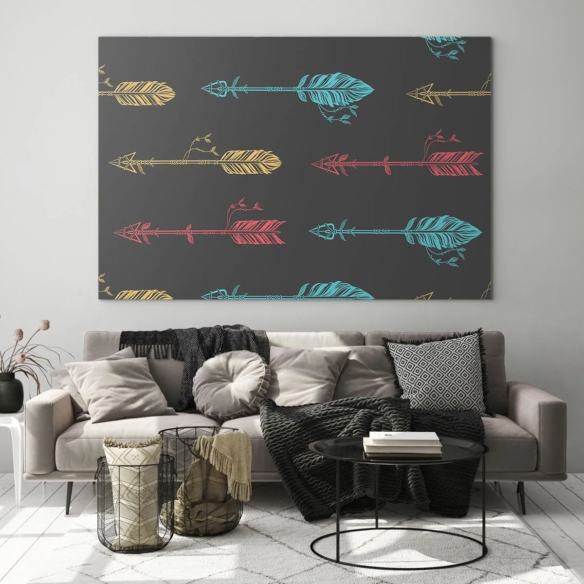 Obraz na skle - Barevné šipky na tmavém pozadí v grafickém rozvržení - 70x50cm - V lati - Moderní nástěnná dekorace do obývacího pokoje a ložnice ARTTOR