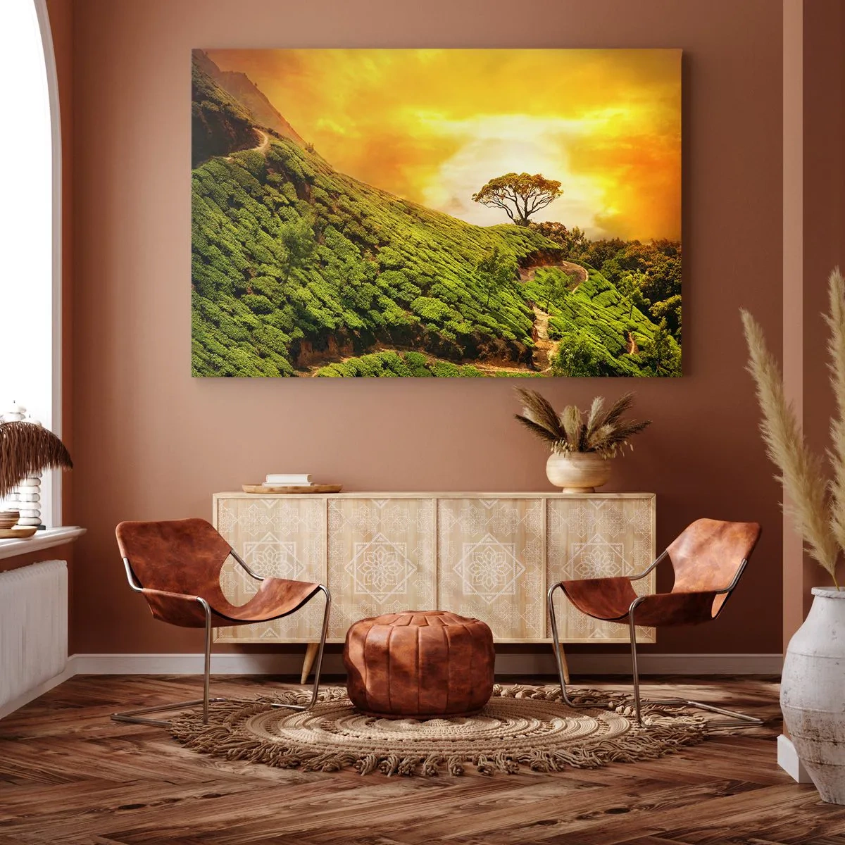 Obraz na plátně - Zelené kopce čajových plantáží při západu slunce - 70x50cm - Klikatou stezkou, zeleným úbočím - Moderní nástěnná dekorace do obývacího pokoje a ložnice ARTTOR