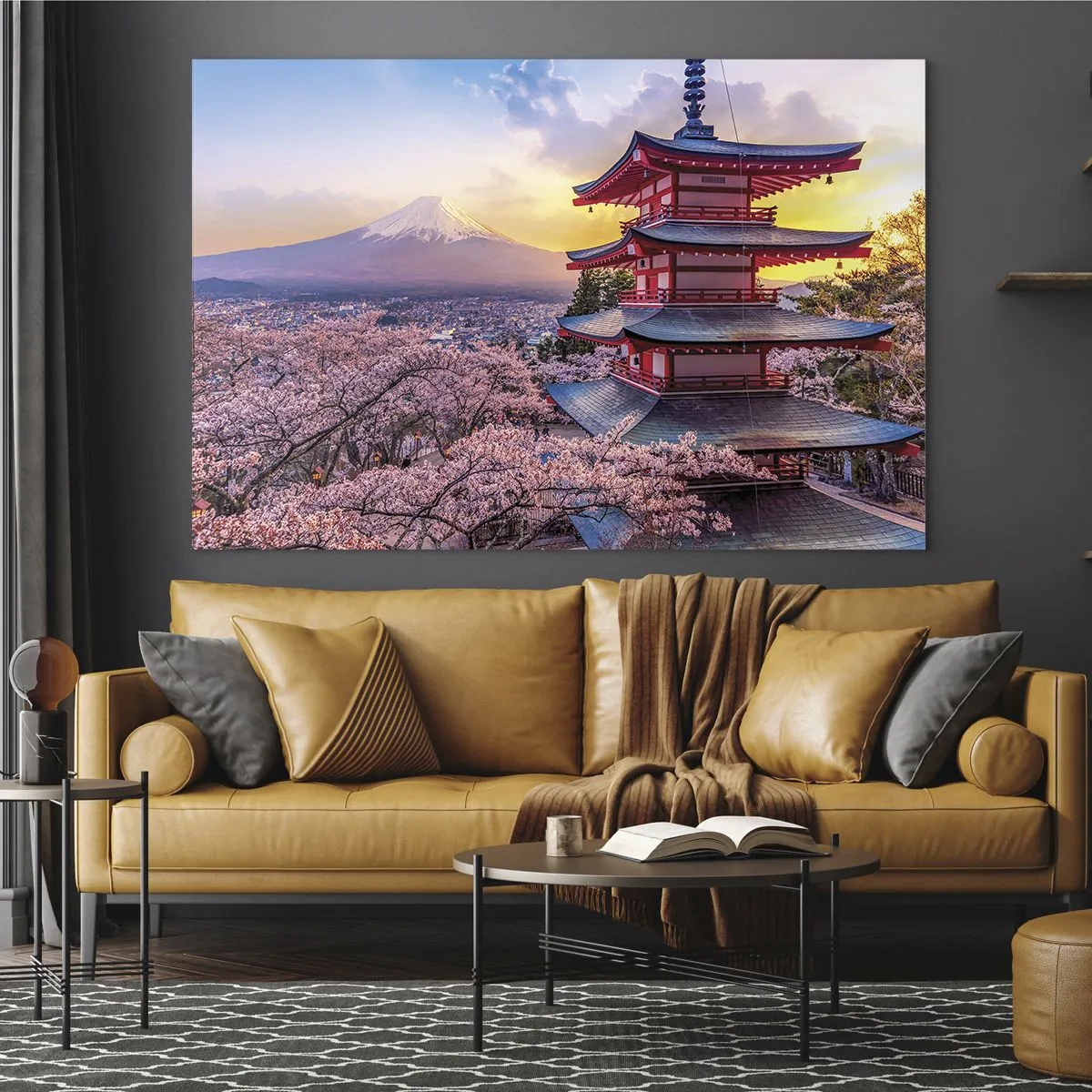 Obraz na skle - Pagoda v japonské krajině s výhledem na horu Fudži a kvetoucí stromy - 70x50cm - Podstata japonského ducha - Moderní nástěnná dekorace do obývacího pokoje a ložnice ARTTOR